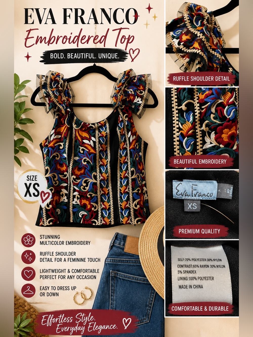 Anthropologie- Eva Franco- Multicolor Embroidered Ruffle-Shoulder tank